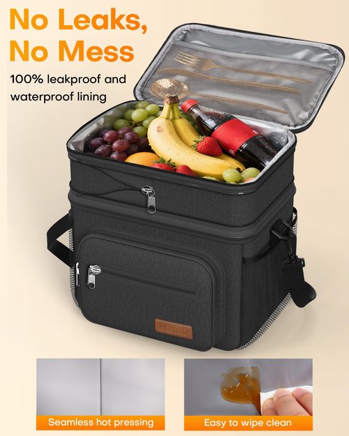 HOTOR Lunch Box for Men & Women - Double-Layer Insulated Lunch Bag with Leakproof Liner, Portable Cooler for Work, Travel, or Picnic, Black, 12L, 11.1" x 9.7" x 6.7"