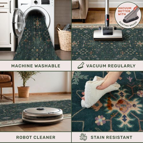 Dark Green Kitchen Rug - Modern Vintage Boho Floral Design | Washable Non-Slip 2x5 Runner for Entryway