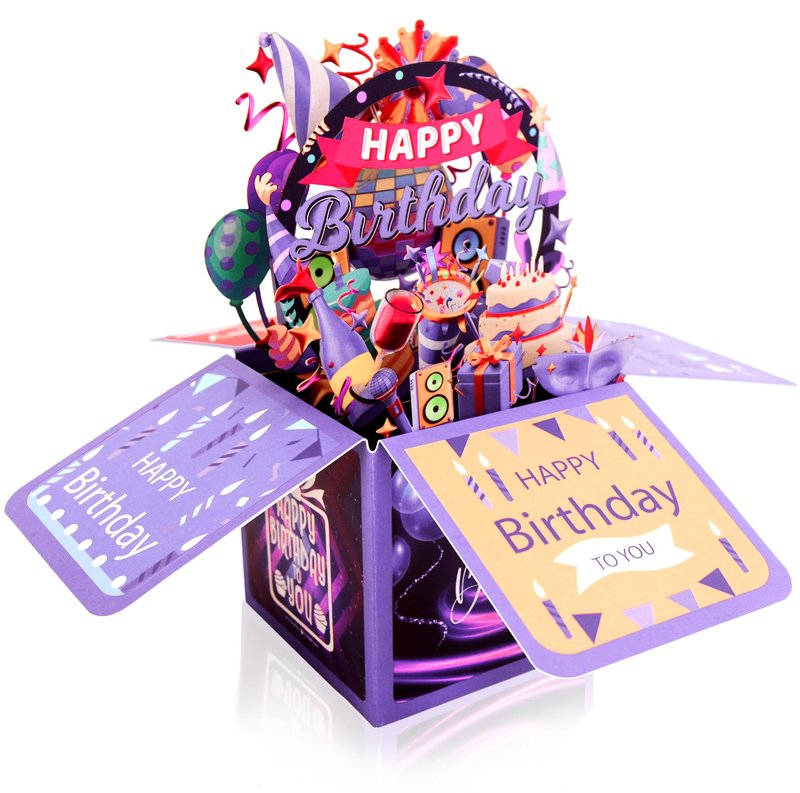 Surprise Pop Up Happy Birthday Cards, Lovely 3D Birthday Card for Adults and Kids with Envelopes, Unique Design Handmade Foldable Greeting Cards for Daughter, Son, Mom, Dad, Friend（Deep Purple）