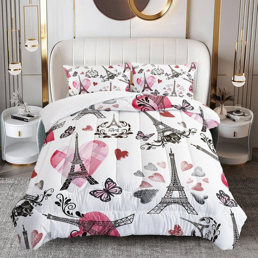 OUIXOTIC Eiffel Tower Comforter Set Queen Size, French Paris 3 Pcs Bedding Set Romantic Theme Comforter for Kids and Adults, Pink Butterfly Queen Size Comforter Set for Bedroom Decor