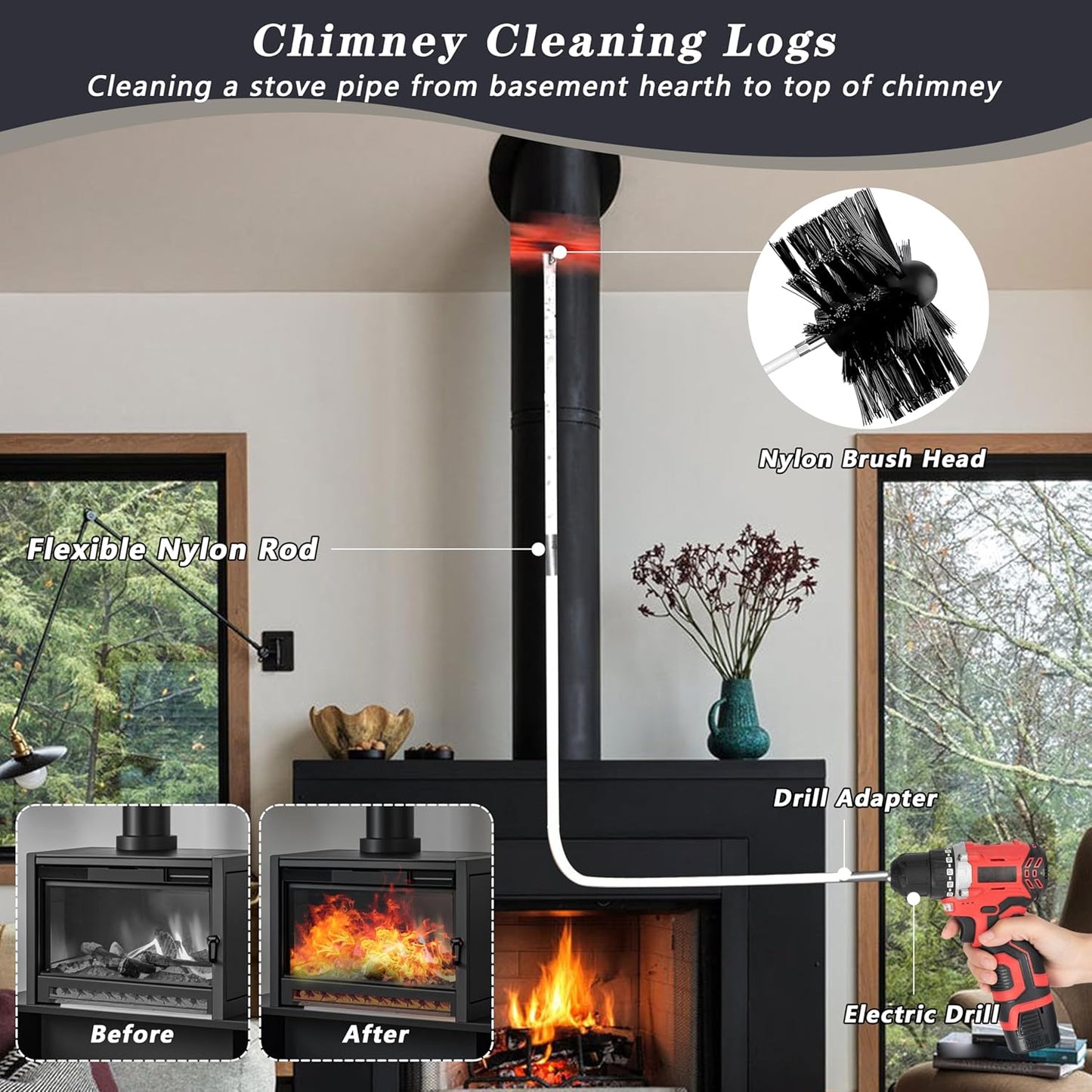 Skiennix Chimney Sweep Kit - 16FT Dryer Vent Cleaner with 12 Flexible Rods & 2 Chimney Brushes
