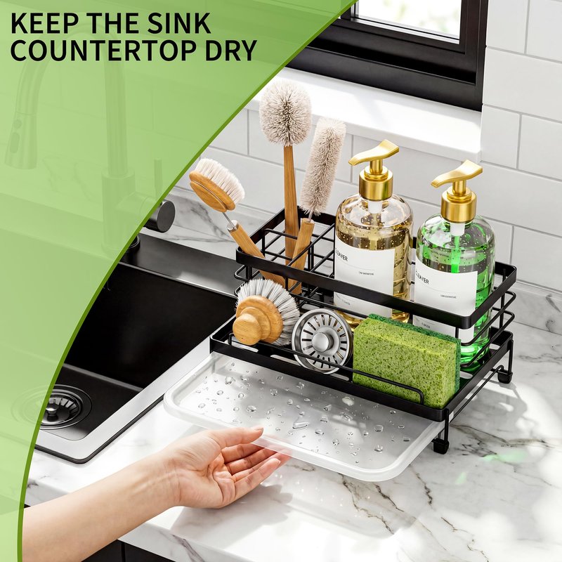Cisily Kitchen Sink Caddy, Gold, Unisex, 5.3 in Wide, 9.49 in Long, 4 Storage Spaces, Stain-Resistant Tray, Anti-Rust, Easy to Clean