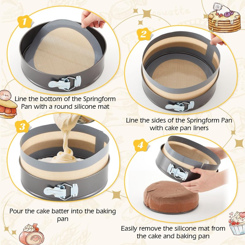 Honeydak 3 Set Silicone Baking Mat for 4, 7, 9 Inch Springform Pan Protector Nonstick Reusable Cake Pan Liners for Cheesecake Baking Prevent Sticking to Bottom & Side, Easy Release & Clean(Gray)