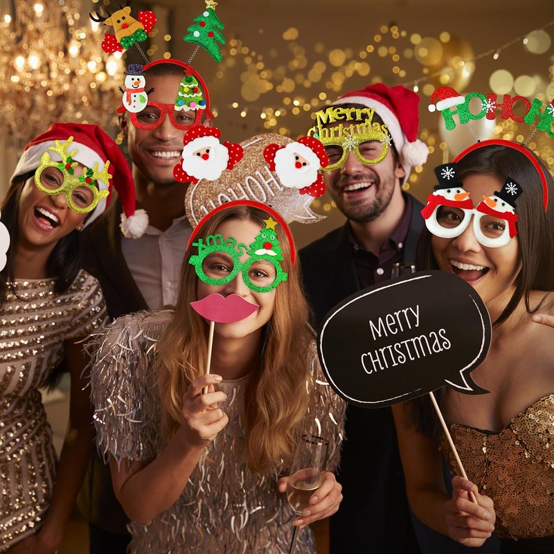 Christmas Glasses & Headband 12 Pack, Xmas Glitter Eyeglasses Frame & Headwear Accessories - One Size Fits All, Holiday Party Favor Supplies Classroom Game Prizes Gifts Photo Booth Props Outfit