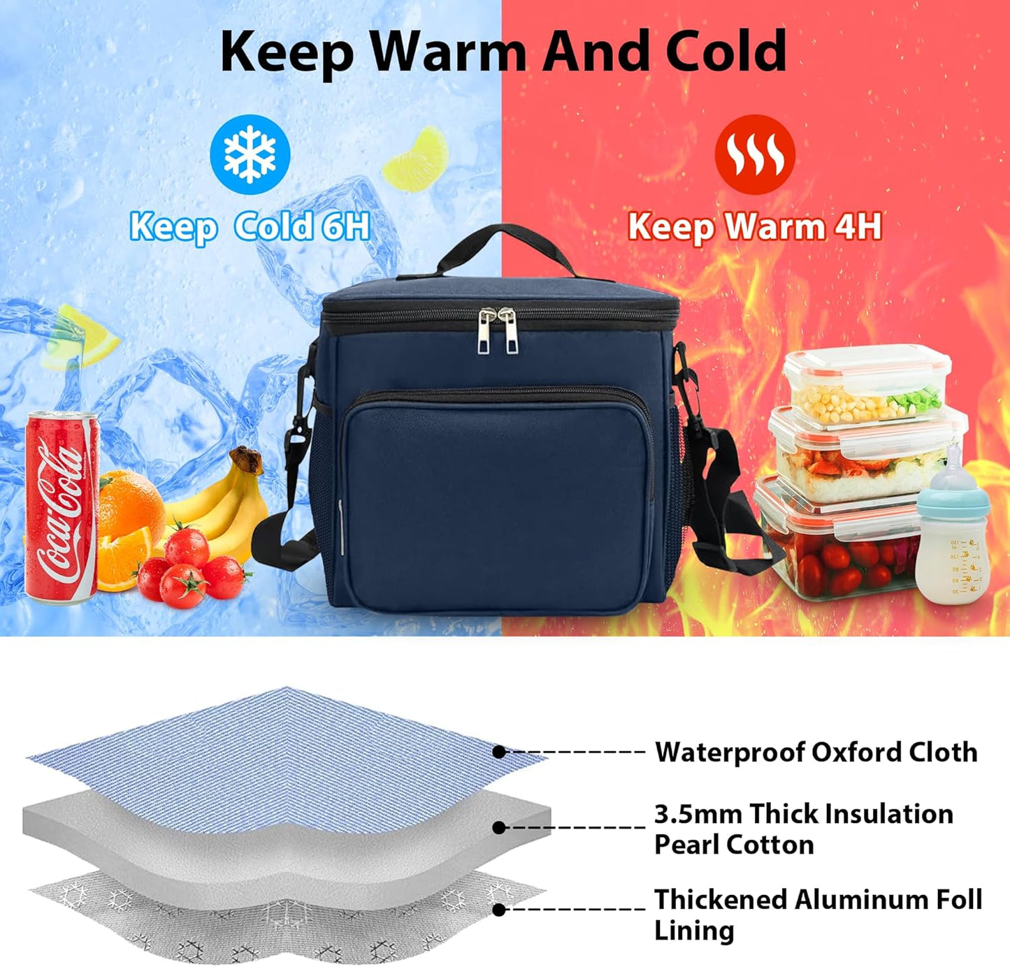 Skiennix Insulated Lunch Bag - Large Leakproof Cooler Tote for Work & Picnic | Adjustable Shoulder Strap, Blue