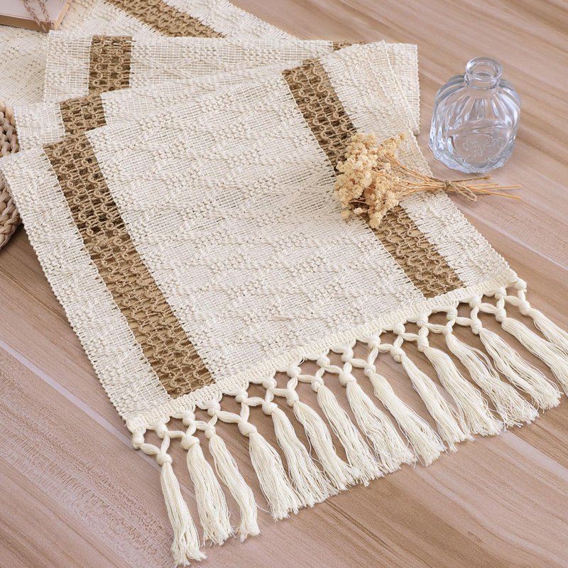 OTOSTAR Boho Table Runner with Tassels 48 Inches Long Farmhouse Rustic Table Runner Macrame Burlap Table Decoration for Home Decor Living Room Bridal Shower, Double Striped (12x48 Inches)