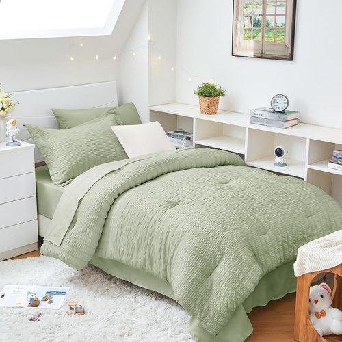 HYMOKEGE Twin XL Comforter Set - Light Green Seersucker 5-Piece Luxury Bedding Set