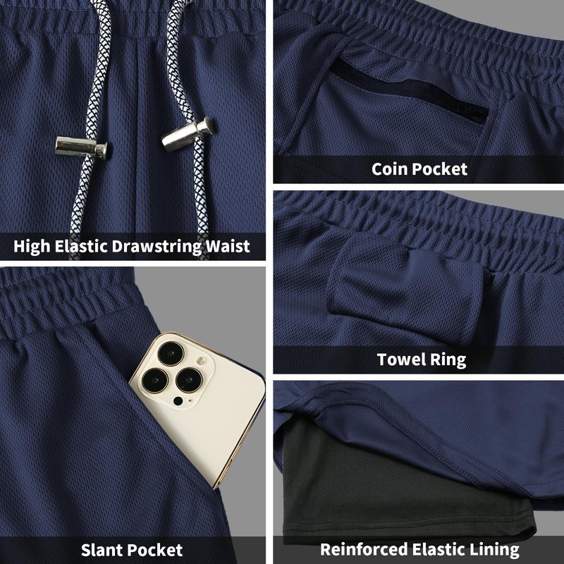 candyfouse Men's 2 in 1 Running Shorts, Quick Dry Workout Shorts with Liner, Athletic Shorts with Zip Pockets and Towel Loop Navy Blue