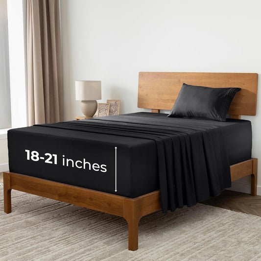 Mellanni Extra Deep Twin Sheets - Hotel Luxury Ultra Soft Cooling Bedding - Wrinkle & Stain Resistant (Twin, Black)