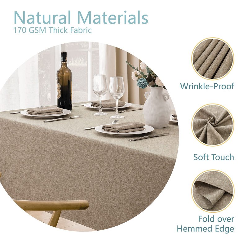 Veblandy Rectangle Tablecloth Linen Textured Waterproof & Stain Resistant Table Cloth Wrinkle Free Decorative Fabric Farmhouse Table Cover for Dining/Party/Buffet/Wedding, 60 x 84 Inch, Mocha