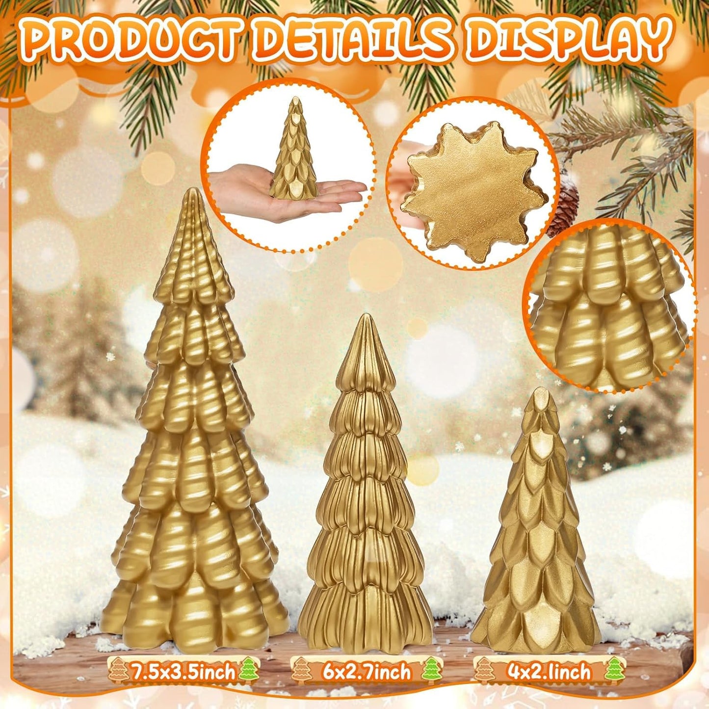 Warmtree Gold Christmas Tree Figurines Set - 3 Small Resin Tabletop Decorations for Festive Home Decor
