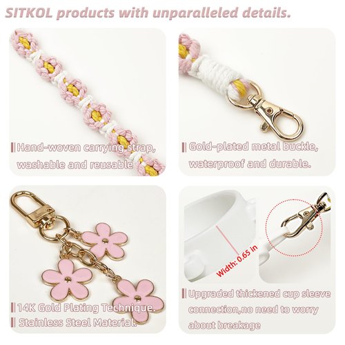 Handle Strap and Charm Set for Owala Water Bottle 24 oz, 32 oz, 40 oz, Owala Kids, Owala Coffee Tumbler, Owala FreeSip – Includes Handle Strap, for Owala Accessories & Stanley Cup Accessories (Pink)