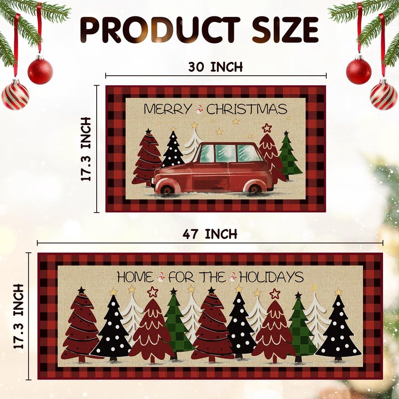 StepRite Kitchen Mats for Floor, 2 PCS Christmas Kitchen Rugs, Non-Slip Bottom with Christmas Tree Print, Low-Profile Mat for Home, Office, Sink, Kitchen,Hallway,Holiday Decor(17”x30”+17”x47”-Red)