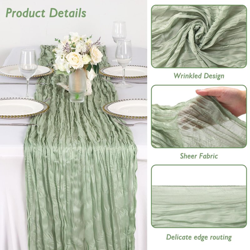 Sage Green Table Runner 35x120 Inch Cheesecloth Table Runner 3 Pack for Baby Shower, Boho Decor, Wedding Decoration, Jungle Theme Party