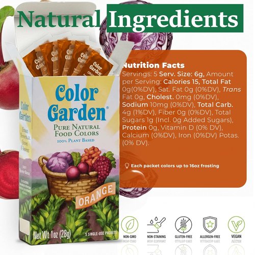 Color Garden Pure Natural Food Coloring - Orange | Plant-Based, Vegan, Non-Toxic Liquid Dye, 5 ct 1 oz