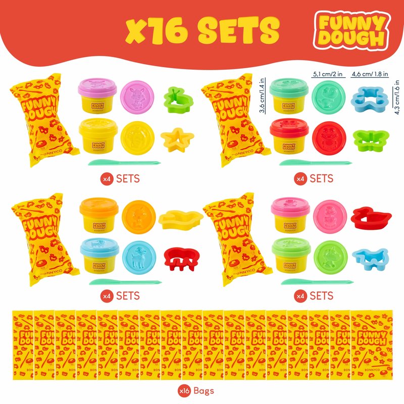 BONNYCO Play Dough Set with Molds and Goody Bags, Pack 16 Party Favors for Kids Age 3-9. Bulk Gifts, Kids Toys, Mini Birthday Games, Stocking Stuffers, Arts and Crafts Kit for Classroom