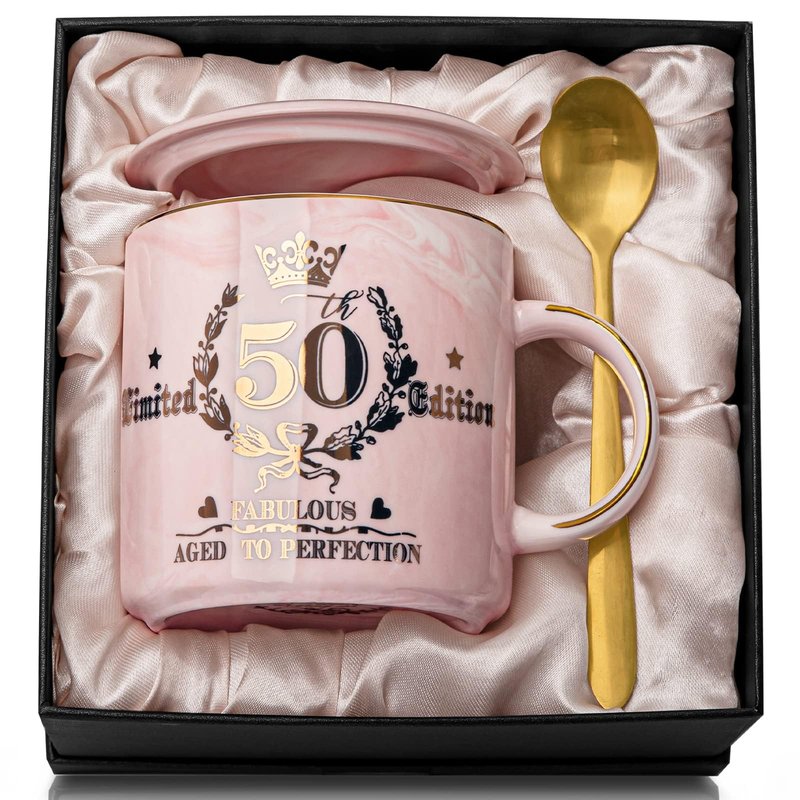 50th Birthday Gifts for Women Her, Fabulous 50 Aged to Perfection, 14oz Gold Pattern Coffee Mug, Cool Gifts Idea for Turning 50 Year old Mom, Wife, Daughter, Sister, Friends, Aunt, Nice Gift Boxed