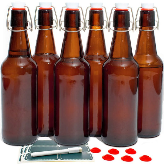 Otis Classic Swing Lid Glass Bottles with Lids Flip Stoppers for Second Fermentation Kombucha Water Kefir Brewing Beer Set of 6 16 oz Amber