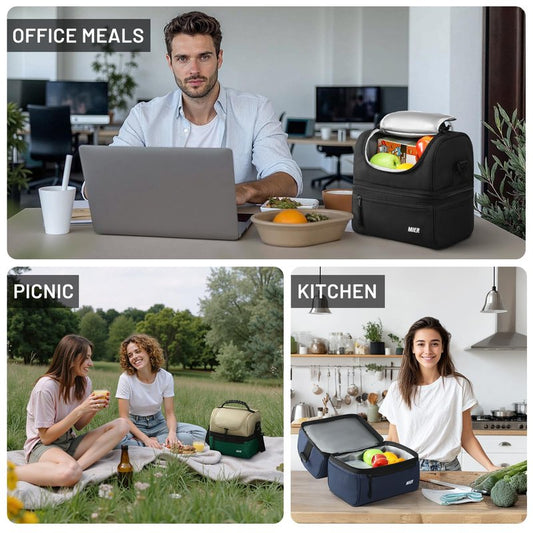 MIER Adult Lunch Box Insulated Lunch Bag Large Cooler Tote Bag for Men, Women, Double Deck Cooler(Black Large)