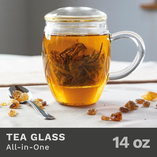 Creano Tea Glass with Infuser and Lid 400ml - Large Tea Cup - Microwave & Dishwasher Safe - Loose Leaf Tea Maker Gift Set