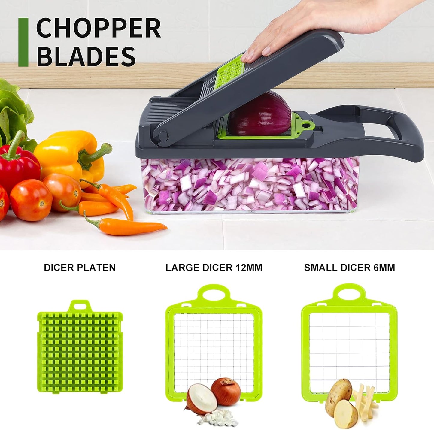 Skiennix Vegetable Chopper Mandoline Slicer - 10-in-1 Multifunctional Kitchen Gadget | Gray/Green