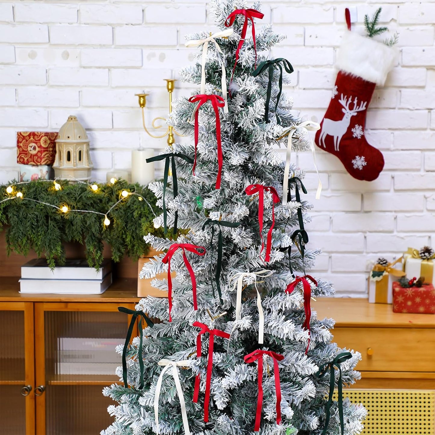 Skiennix Velvet Bows - Vintage Double-Faced Christmas Tree Ornaments | 24 Pcs, 5x7 Inch, Red/Green/White