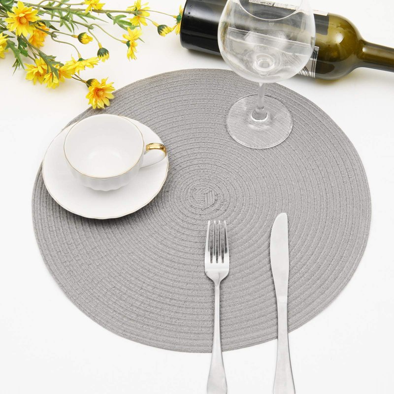 SHACOS Round Braided Placemats Set of 8 Washable Fabric Heat Resistant 15 inch Grey Round Table Mats for Dining Tables (Gray, 8)
