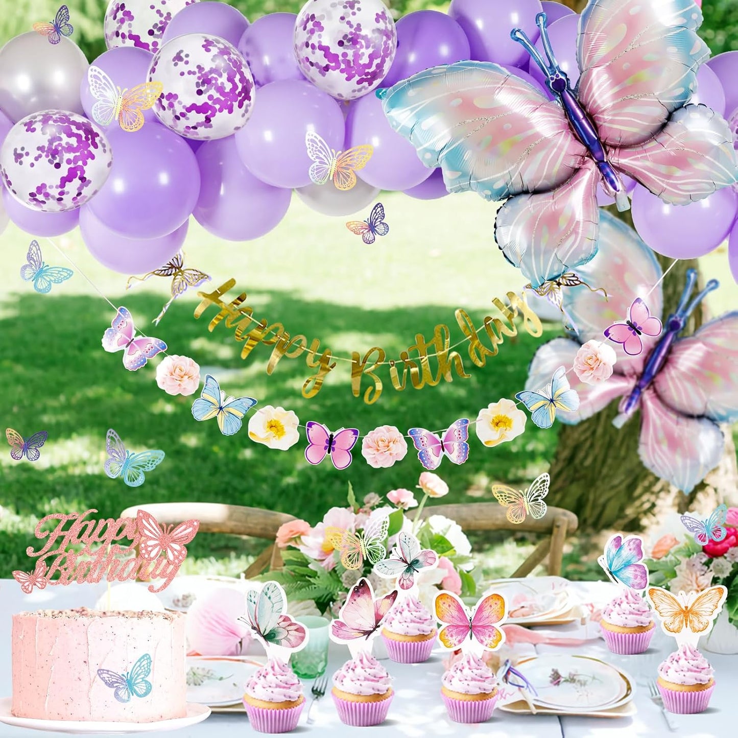 Butterfly Birthday Decoration - Purple Party Decor with Balloons & Happy Birthday Banner | 3D Stickers & Tablecloth