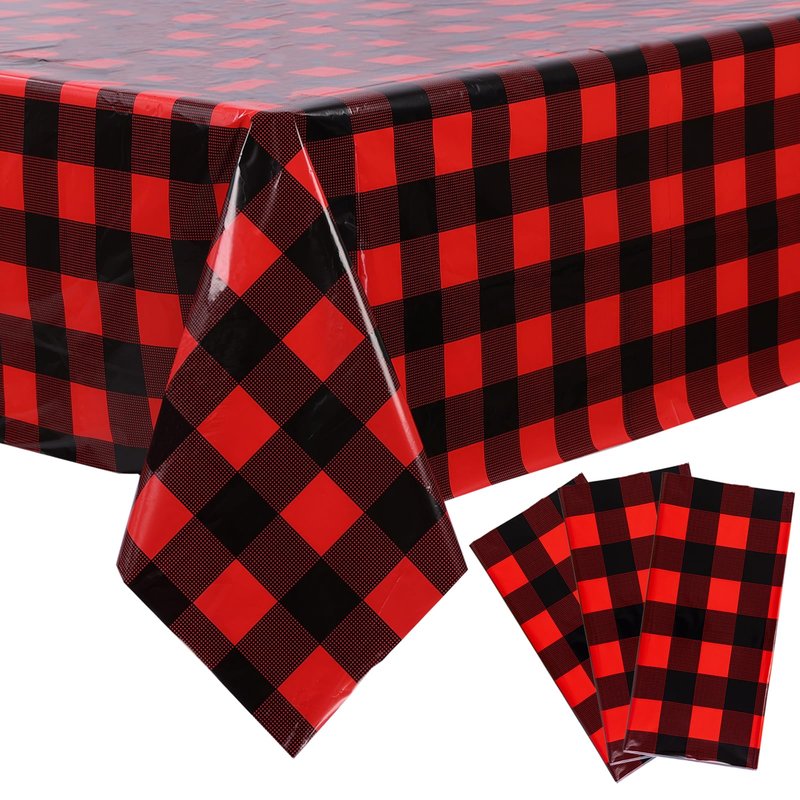 Kesfey 8 Packs Red and Black Merry Christmas Checkered Tablecloth 54 x 108 Inches Plastic Buffalo Check Plaid Table Cover Disposable Red Gingham Winter Christmas Picnic Table Cloth for Dinner Camping