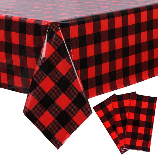 Kesfey 8 Packs Red and Black Merry Christmas Checkered Tablecloth 54 x 108 Inches Plastic Buffalo Check Plaid Table Cover Disposable Red Gingham Winter Christmas Picnic Table Cloth for Dinner Camping