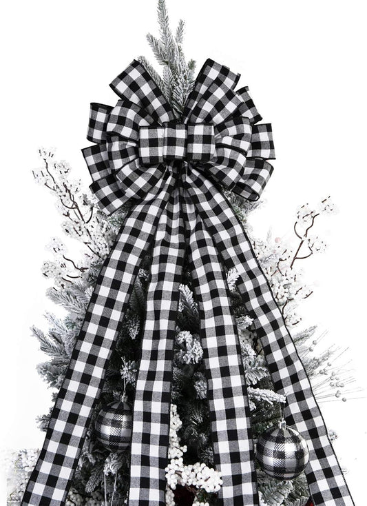 Regine Switzerland Christmas Tree Topper - Large Black and White Plaid Bow | 48x13 Inches Decorative Accent