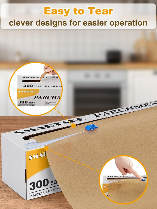 SMARTAKE Parchment Paper Roll for Baking, 15 in x 242 ft, 300 sq.ft, Non-Stick Baking Paper Sheets with Slide Cutter, Heavy Duty Extra Long, for Kitchen Baking Cooking Grilling Steaming, Unbleached