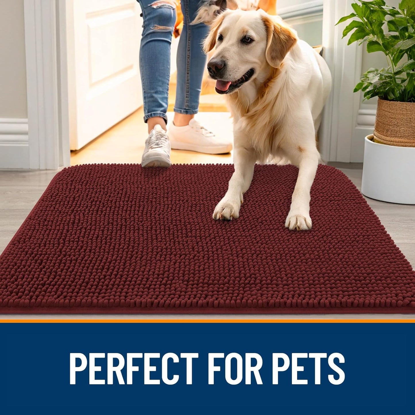 OLANLY Dog Door Mat - Absorbent Non-Slip Washable Doormat for Muddy Paws | 70x32, Quick Dry Chenille, Caramel Russet