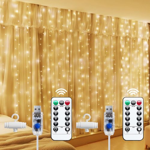Brightown 300 LED Fairy Curtain Lights - 9.8ft x 9.8ft, USB Plug, 8 Lighting Modes | Warm White 2 Pack for Indoor/Outdoor Decor