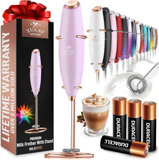 Zulay Kitchen Milk Frother Wand - Ultra Fast Handheld Drink Mixer with 4 AA Duracell Batteries | Lilac & Rose Gold