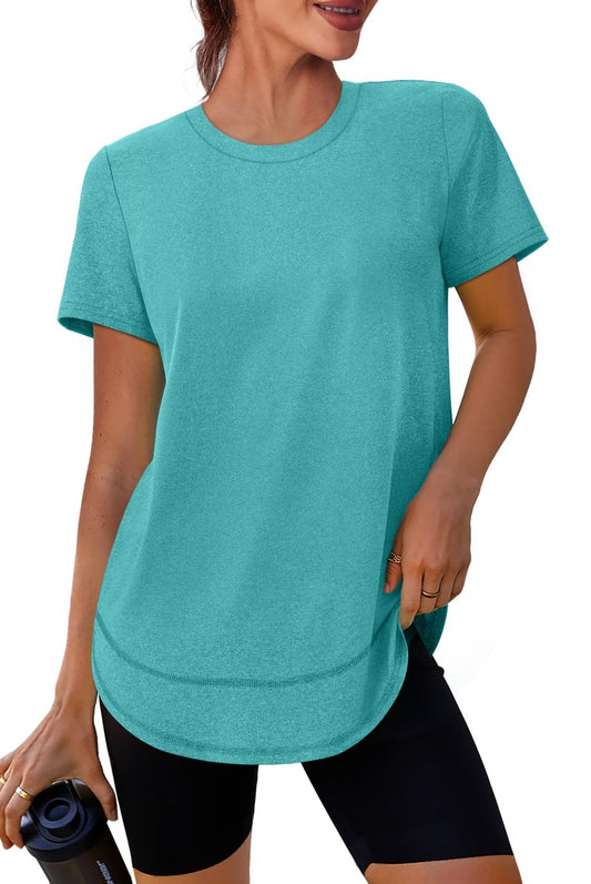 Short Sleeve Shirts for Women Workout Yoga Tops Sun Protection Clothing Summer Outfits Rash Guard Side Slit Teal XL