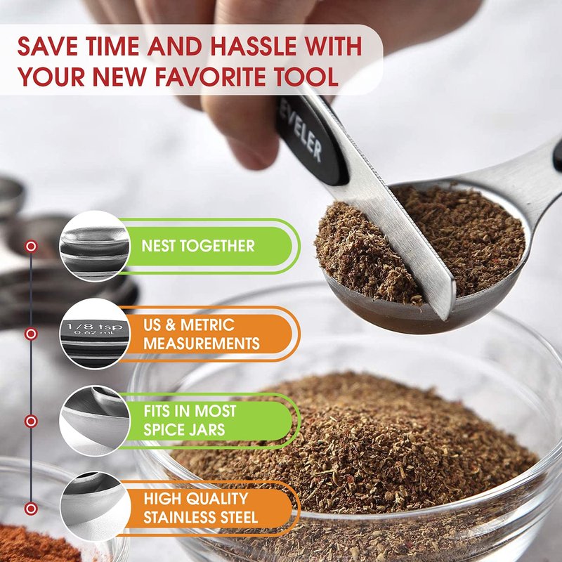 Spring Chef Magnetic Measuring Spoons Set, Dual Sided, Stainless Steel, Fits in Spice Jars, Pine Green, Set of 8, 2 Pack