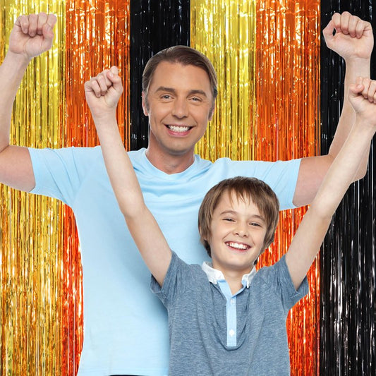 Voircoloria 3 Pack 3.3 x 8.2 ft Black Gold Orange Foil Fringe Backdrop Curtains, Tinsel Streamers Party Decorations, Fringe Backdrop, Door Shimmer for Construction or Birthday Party