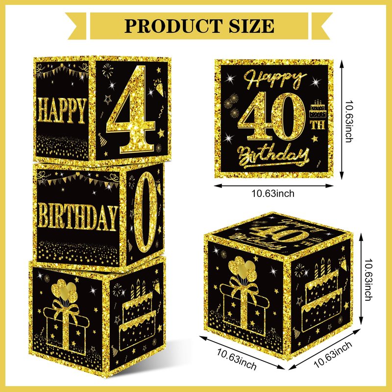 Eiurteao 3pcs 40th Birthday Decorations Boxes for Men Women, Black Gold Happy 40 Birthday Balloons Boxes Party Supplies, 40 Year Old Bday Theme Cardboard Box Decor