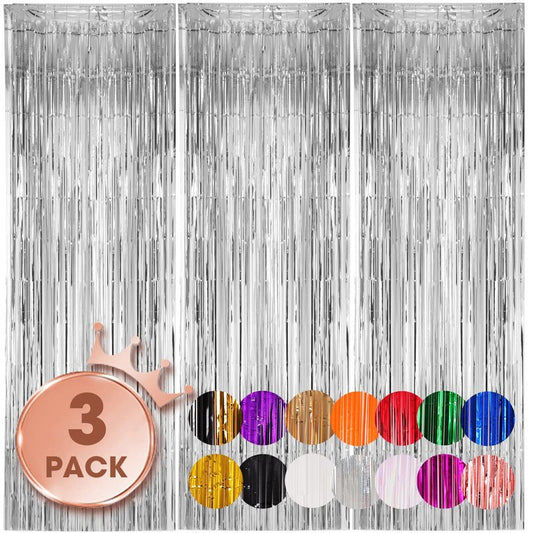 Voircoloria 3 Pack 3.3x8.2 Feet Silver Foil Fringe Backdrop Curtains, Tinsel Streamers Birthday Party Decorations, Fringe Backdrop for 2025 New Years Eve, Graduation, Baby Shower, Gender Reveal