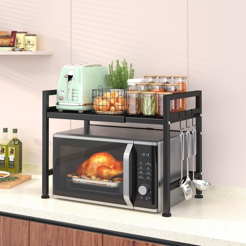 PUSDON Textured Black Microwave Oven Rack, Expandable 2-Tier Kitchen Countertop Organizer, Heavy Duty Carbon Steel Stand with 3 Hooks, Adjustable Height & Length