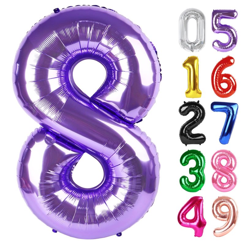 Purple Number 8 Balloon 40 Inch, 8th Birthday Party Decorations for Children, Giant 8 Foil Balloon for Party Supplies