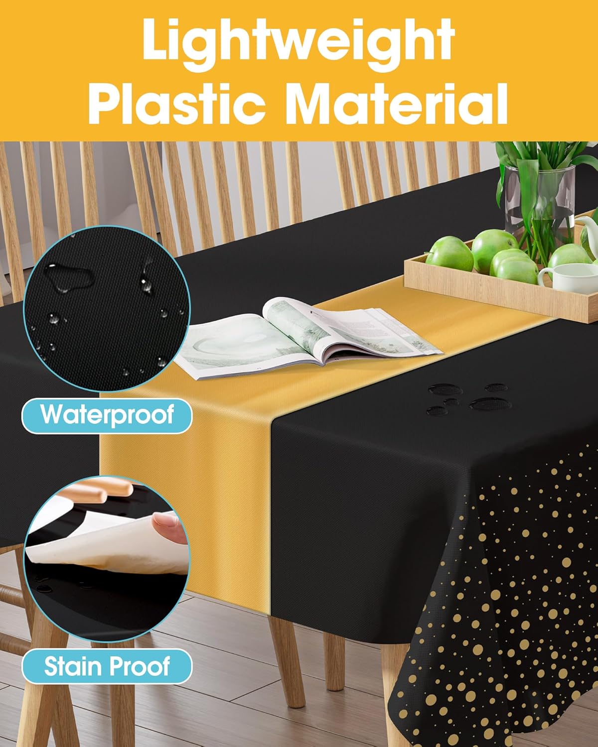 Niuara Table Cloth Set - Black & Gold Disposable Rectangle Table Cover & Runner | 3+3 Pack for Events