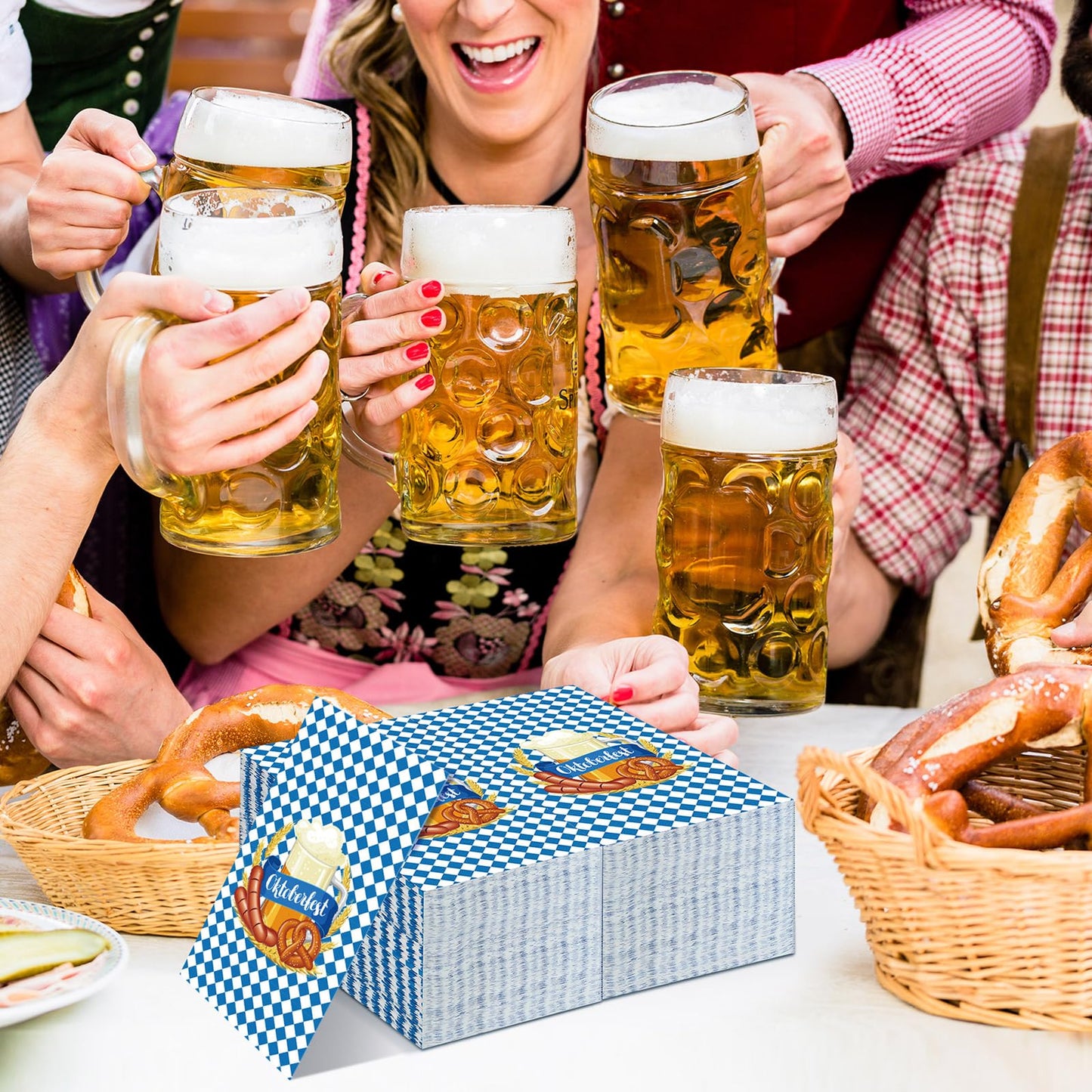 Crtiin 200 Pieces Oktoberfest Paper Napkins Disposable Blue and White Bavarian Flag Check Luncheon Decorative Paper Napkins for Beer Theme Oktoberfest Decoration Party Supplies