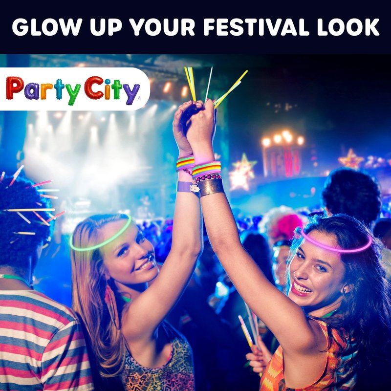 Party City 100 Glow Sticks Bulk Party Pack 8”– Neon Glow in the Dark Party Supplies, Glowsticks with Connectors Bracelets & Necklaces, Light Up Favors for Kids, Adults, Birthdays, Parties, Decorations