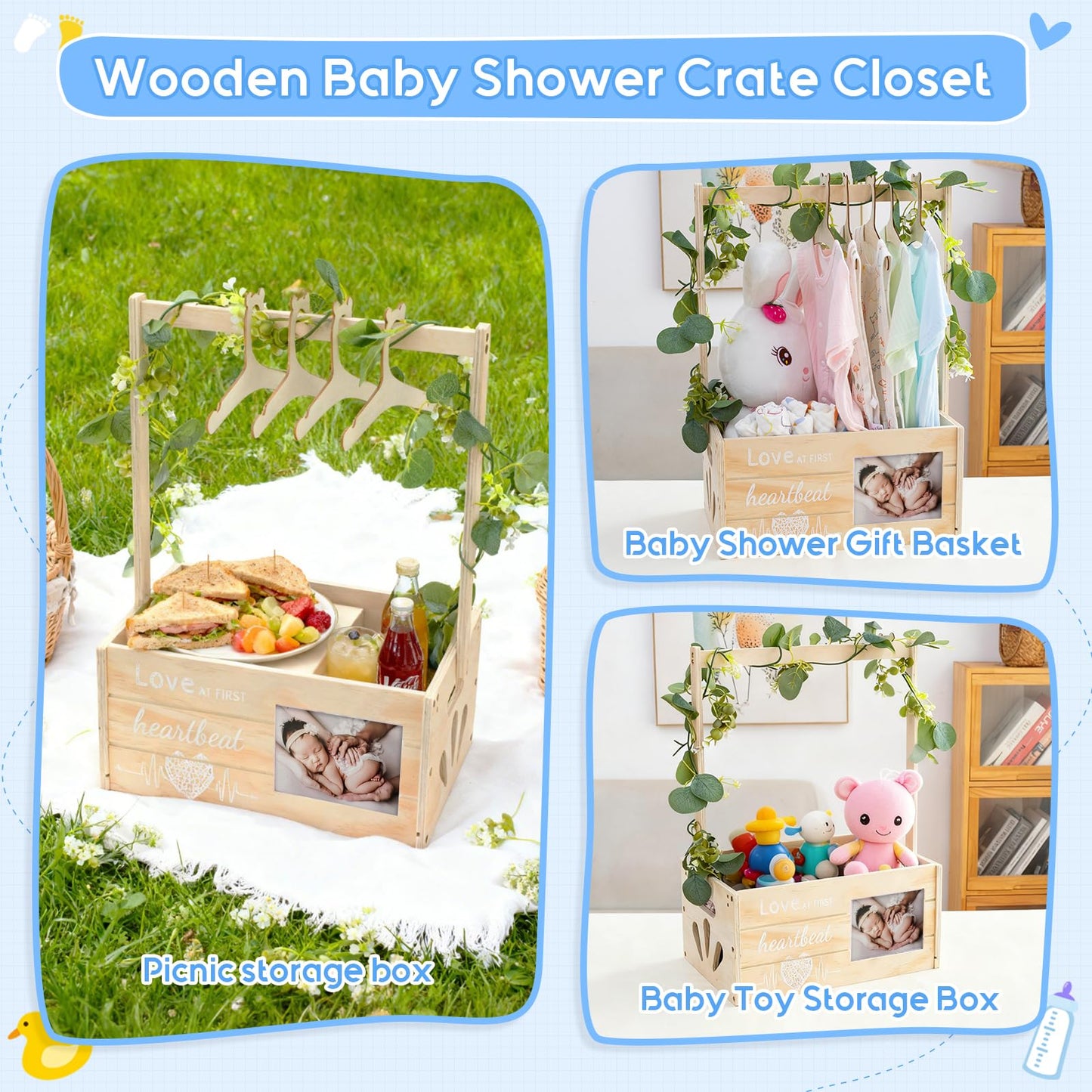 LLMQ Baby Gift Basket with Adjustable Handle, Thickened Wooden Baby Shower Crate Closet, Baby Shower Clothes Rack Storage Box, Larger Capacity Diaper Caddy Organizer (No Wreath)