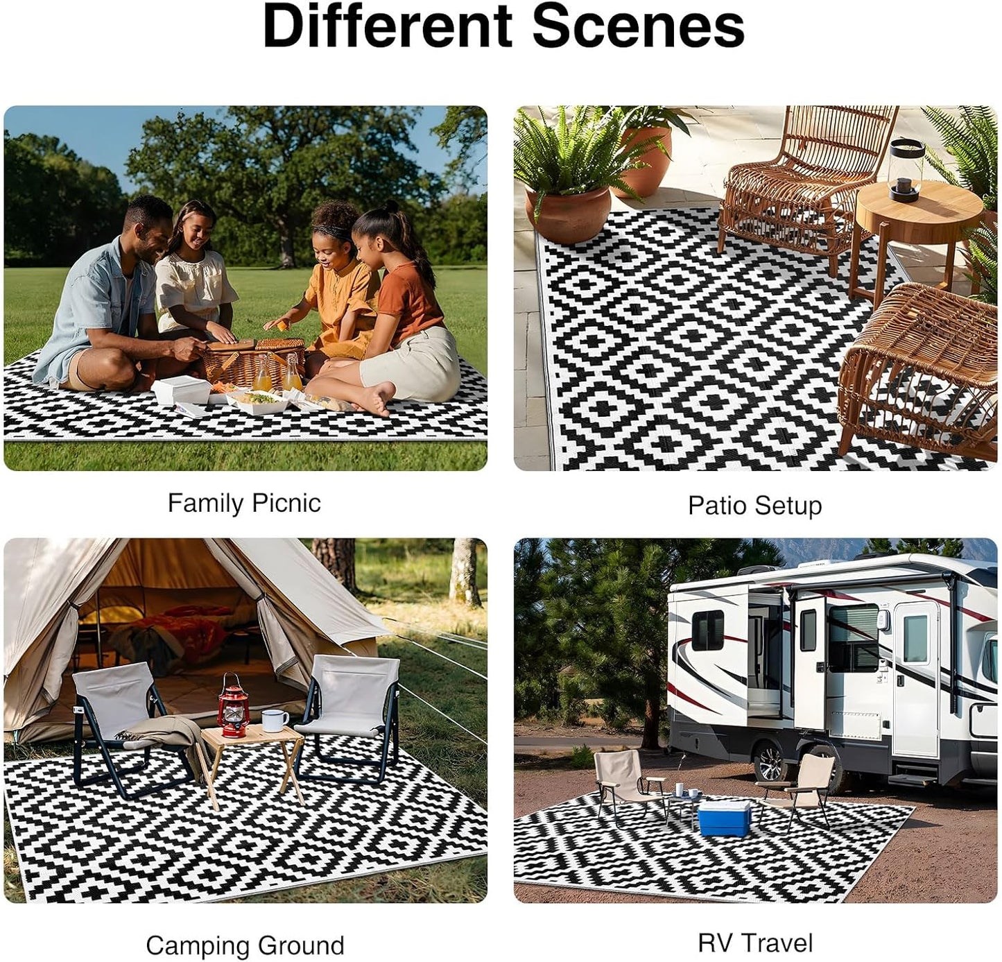 OLANLY Waterproof Outdoor Rug - Versatile 5x8 ft Plastic Straw Mat for Camping & Porch | Black & White