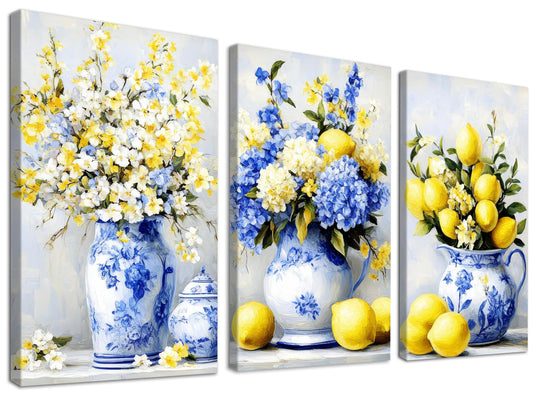 Hzddty Lemon Canvas Wall Art Set for 3, Rustic Blue and Yellow Still Life Paintings, Flower Wall Decor for Kitchen Bathroom Living Room, Framed Canvas Prints Home Decor 18L x 12W x 3