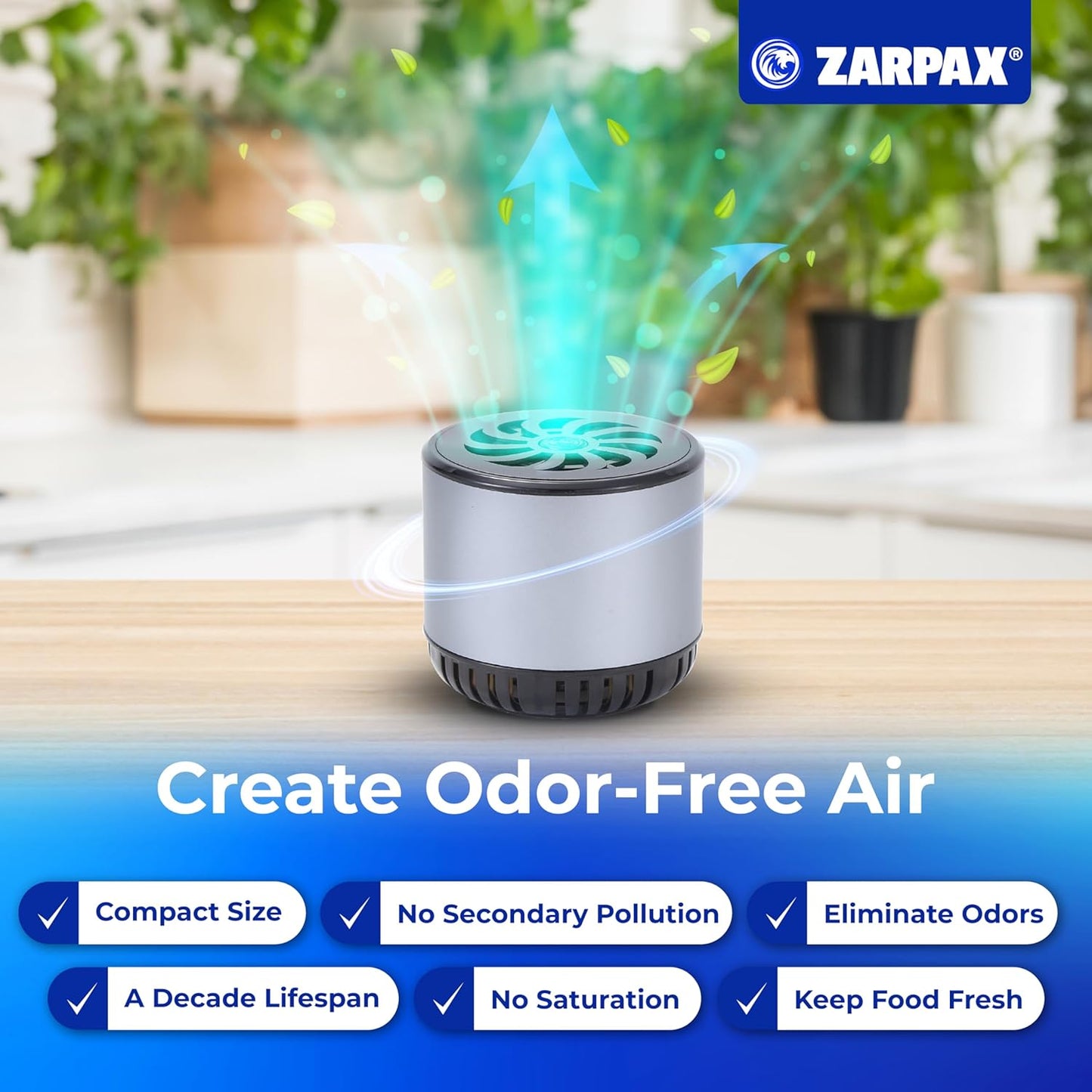 ZARPAX Refrigerator Deodorizer | Long-Lasting 10-Year Odor Eliminator - 18ft³ Capacity Air Purifier