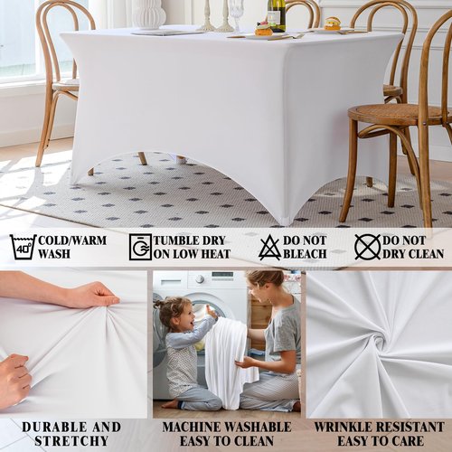 Famstar Table Cloth White 4FT Spandex Tablecloth for Rectangle Fitted Table Cloths Stretch Covers Washable Wrinkle Free Tablecloths for Festival Camping Picnic Wedding Party
